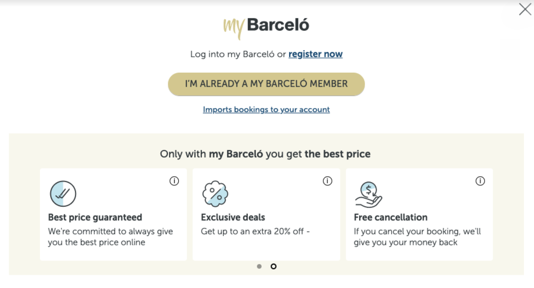 Screenshot of the My Barcelo membership program sign up and login page