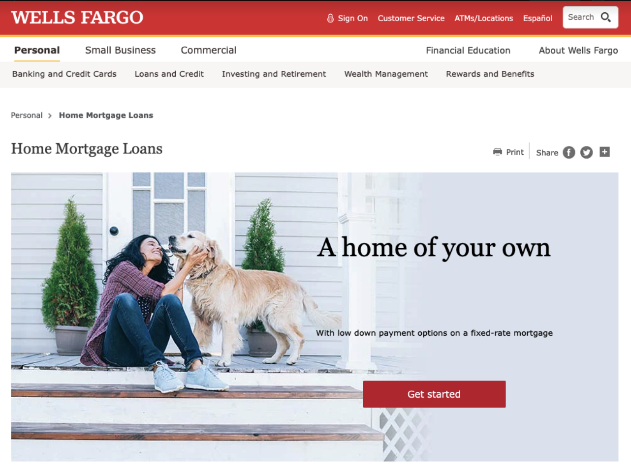 Wells Fargo homepage featuring quiz relating to mortgages