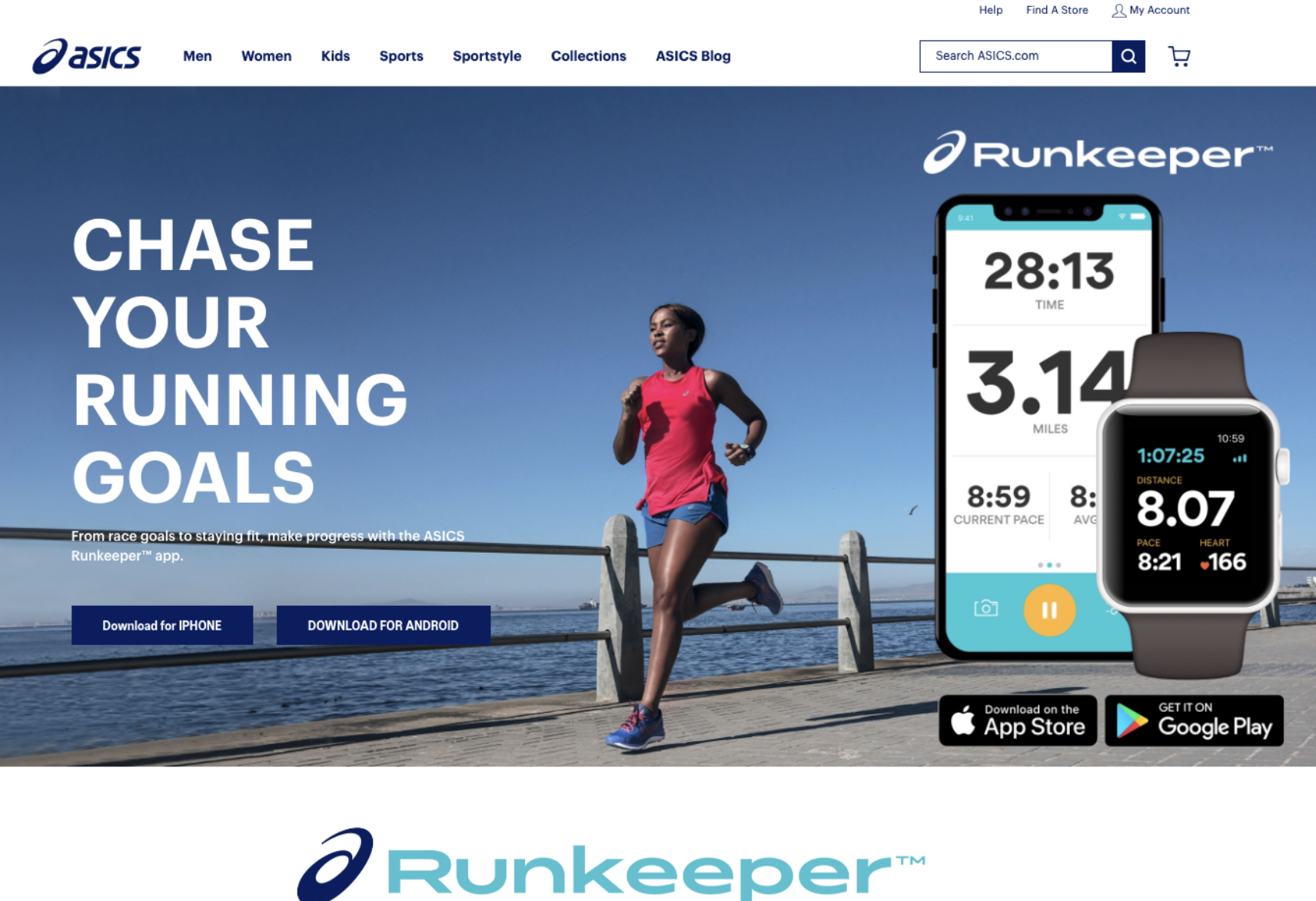 Asics homepage featuring the Runkeeper App